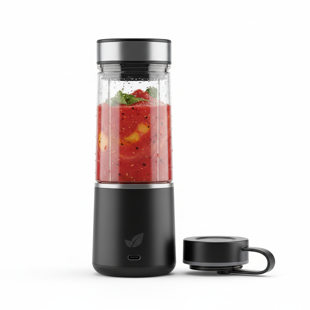 Portable personal blender with smoothie, compact and modern design