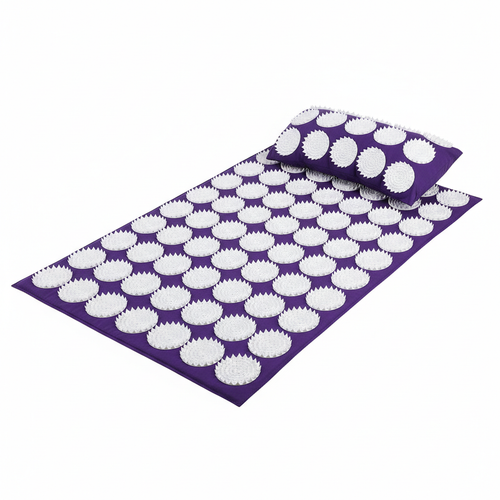 Acupressure mat and pillow set with lotus spike design in purple and white
